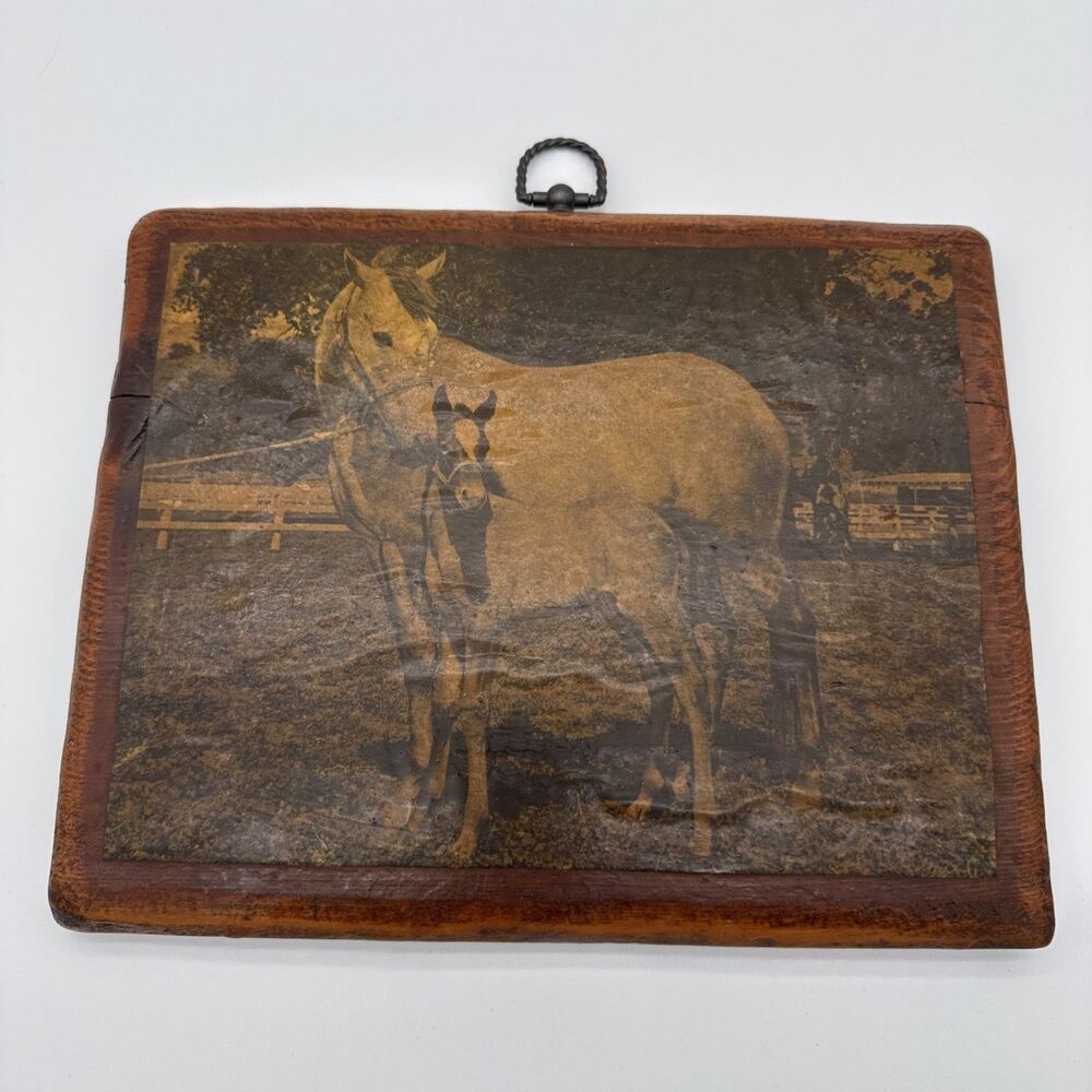 Vintage Horse Picture On Wooden Plaque Wall Art 1969 Sepia Equestrian